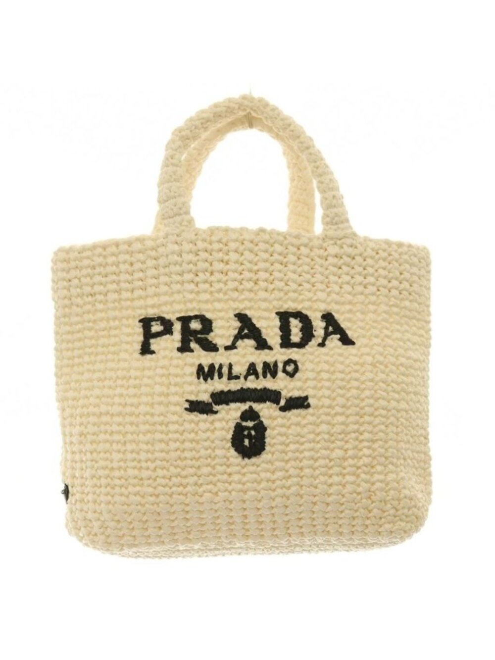 Prada Handbag Raffia Logo Braid Bicolor Triangle Plate White Black